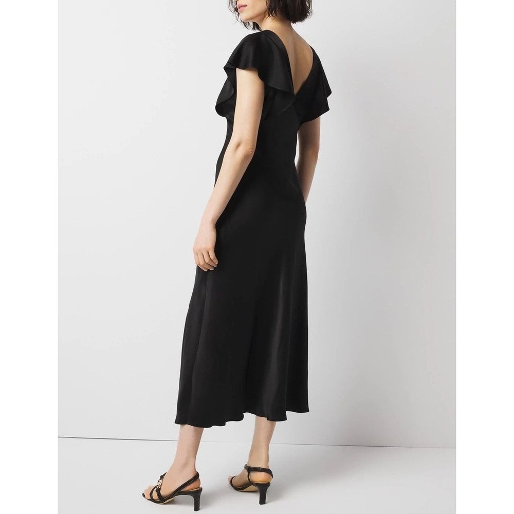 NWT White House Black Market Black Satin Slip Midi Ruffle Sleeve Dress Size 10